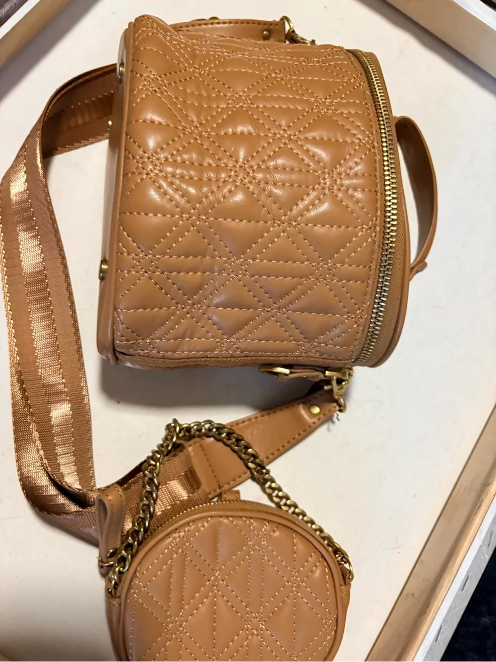 Zara Quilted Tan Cosmetic Bag